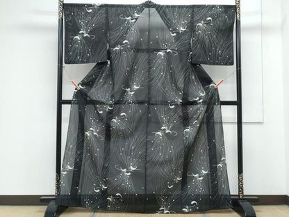 平和屋着物＊夏物　小紋　絽　孔雀　黒地　洗える着物　CABK9245th