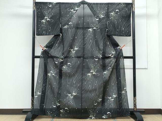 平和屋着物＊夏物　小紋　絽　孔雀　黒地　洗える着物　CABK9245th