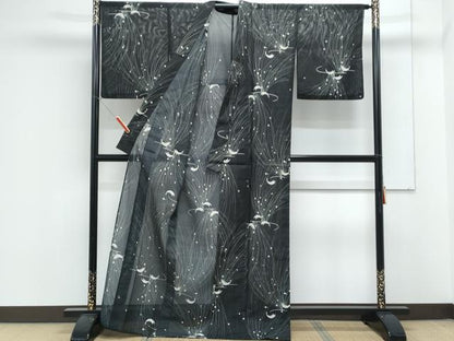 平和屋着物＊夏物　小紋　絽　孔雀　黒地　洗える着物　CABK9245th