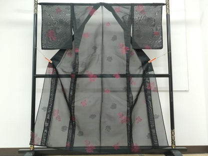 平和屋着物＊夏物　小紋　紗　薔薇　黒地　正絹　逸品　CABK9291th