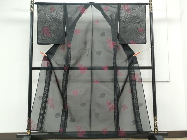 平和屋着物＊夏物　小紋　紗　薔薇　黒地　正絹　逸品　CABK9291th
