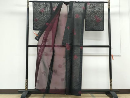 平和屋着物＊夏物　小紋　紗　薔薇　黒地　正絹　逸品　CABK9291th