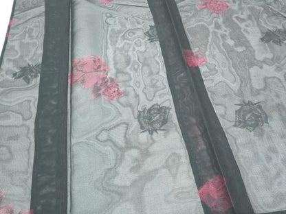 平和屋着物＊夏物　小紋　紗　薔薇　黒地　正絹　逸品　CABK9291th