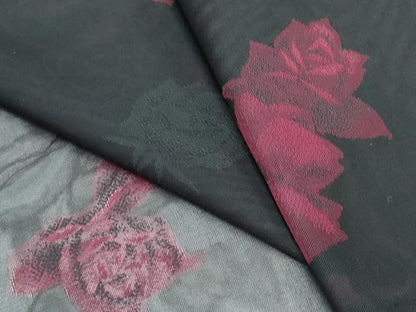 平和屋着物＊夏物　小紋　紗　薔薇　黒地　正絹　逸品　CABK9291th