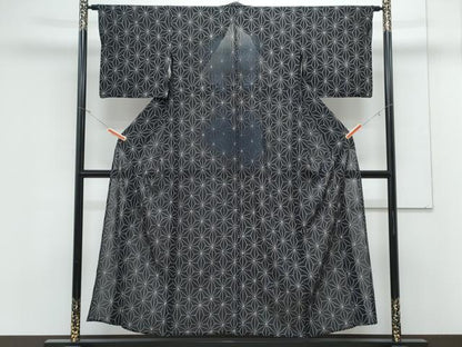 平和屋着物＊夏物　小紋　絽　絞り　麻の葉文様　黒地　高島屋扱い　正絹　逸品　CABK9302th
