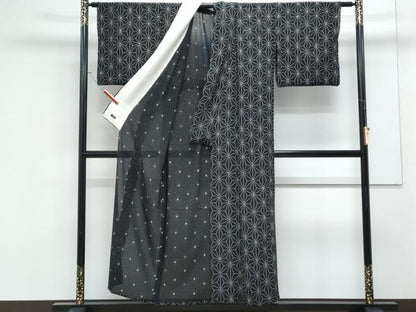 平和屋着物＊夏物　小紋　絽　絞り　麻の葉文様　黒地　高島屋扱い　正絹　逸品　CABK9302th