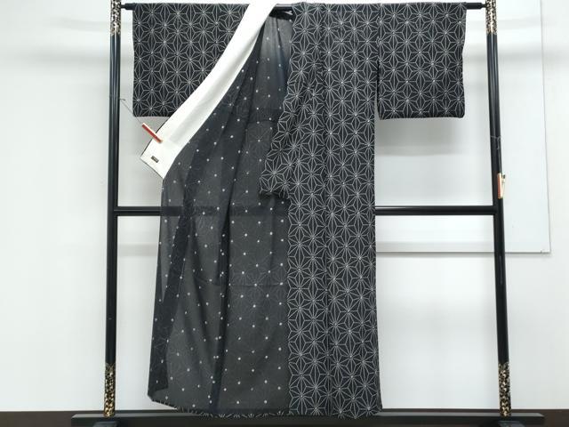 平和屋着物＊夏物　小紋　絽　絞り　麻の葉文様　黒地　高島屋扱い　正絹　逸品　CABK9302th