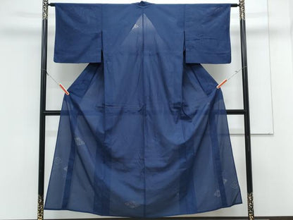 平和屋着物＊夏物　色無地　菱花紋紗　濃藍色　正絹　逸品　CABK9318th