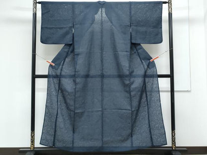 平和屋着物＊夏物　色無地　草花紋紗　留紺色　正絹　逸品　CABK9319th