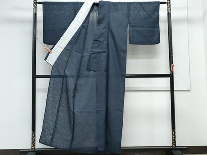 平和屋着物＊夏物　色無地　草花紋紗　留紺色　正絹　逸品　CABK9319th