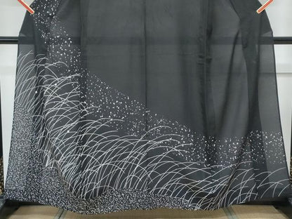 平和屋着物＊夏物　訪問着　絽　駒刺繍　草葉文　黒地　金彩　正絹　逸品　CABK9328th