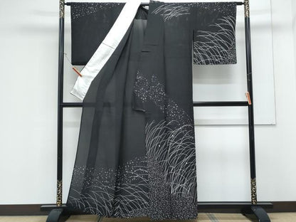 平和屋着物＊夏物　訪問着　絽　駒刺繍　草葉文　黒地　金彩　正絹　逸品　CABK9328th