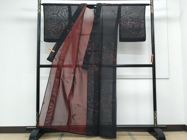 平和屋着物＊夏物　小紋　紗　稲穂　銀糸　黒地　銀糸　正絹　逸品　CABK9332th