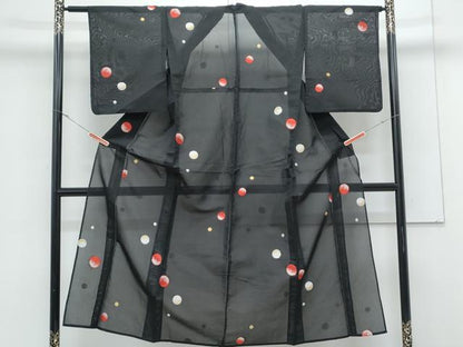 平和屋着物＊夏物　小紋　紗　大小あられ　黒地　金糸　正絹　逸品　CABK9333th