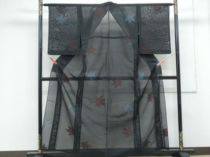 平和屋着物＊夏物　小紋　紗　枝楓文　黒地　正絹　逸品　CABK9334th
