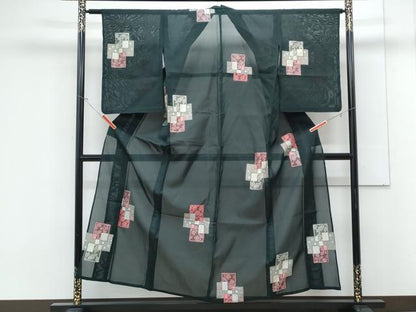 平和屋着物＊夏物　小紋　紗　色紙重ね草葉文　銀糸　正絹　逸品　CABK9340th