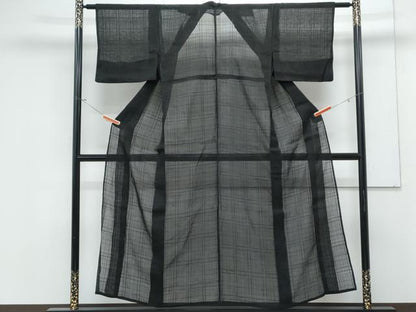 平和屋着物＊夏物　紗紬　格子文　黒地　正絹　逸品　CABK9342th