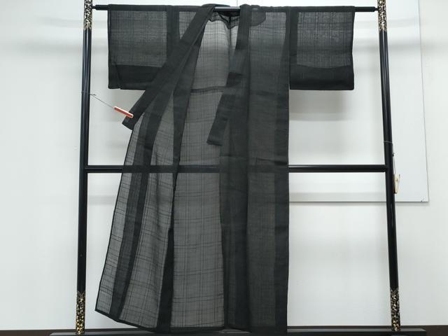 平和屋着物＊夏物　紗紬　格子文　黒地　正絹　逸品　CABK9342th