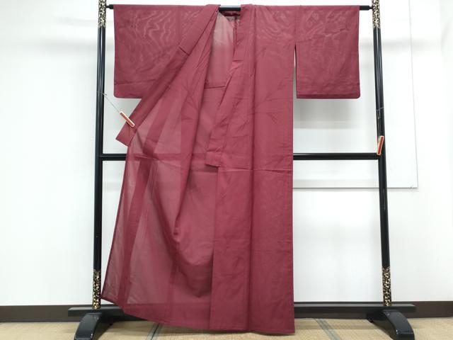 平和屋着物＊夏物　色無地　笹紋紗　濃紅色　正絹　逸品　CABK9345th