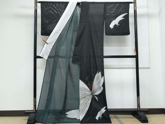 平和屋着物＊夏物　訪問着　絽　薔薇舞蝶文　黒地　洗える着物　CABK9351th