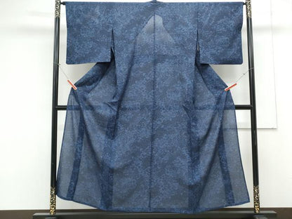 平和屋着物＊夏物　小紋　絽　藍　型染め　草花文　正絹　逸品　CABK9380th