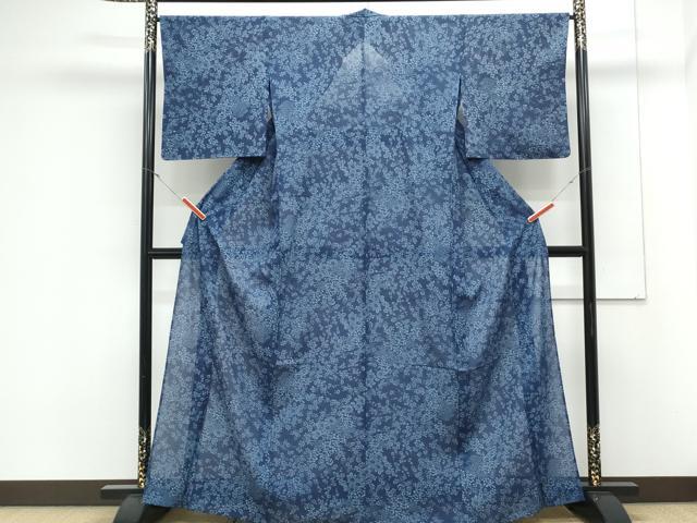 平和屋着物＊夏物　訪問着　絽　藍　型染め　吉祥草花文　正絹　逸品　CABK9384th