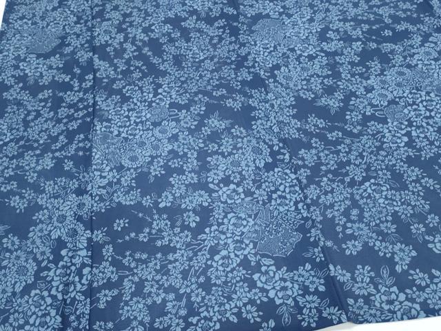平和屋着物＊夏物　訪問着　絽　藍　型染め　吉祥草花文　正絹　逸品　CABK9384th
