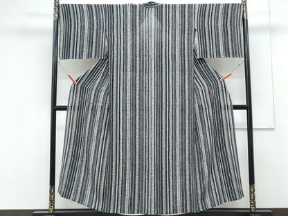 平和屋着物＊夏物　小紋　縦絽　縞　黒地　正絹　逸品　CABK9426th