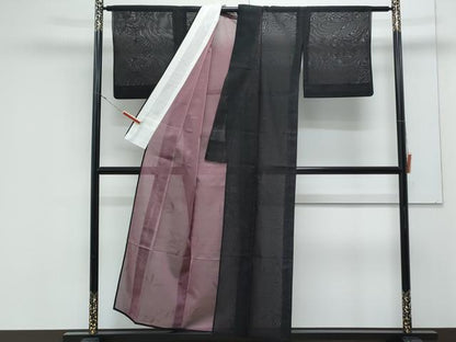 平和屋着物＊夏物　小紋　紗　枝葉文　黒地　正絹　逸品　CABK9452th