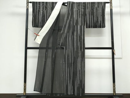 平和屋着物＊夏物　小紋　絽　竹間道　黒地　正絹　逸品　CABK9540th