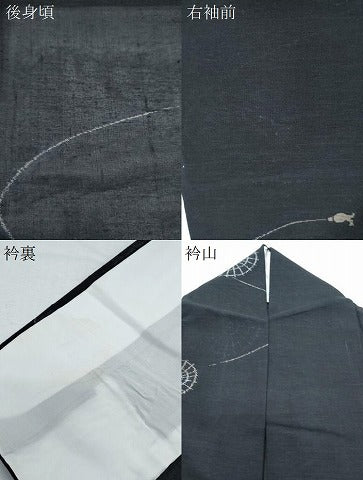 平和屋着物＊夏物　紗紬　片輪車文　黒地　正絹　逸品　CABK9556th