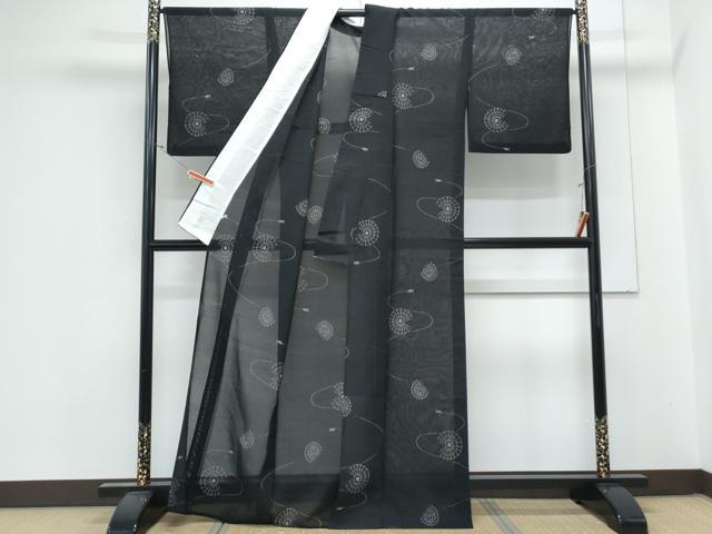 平和屋着物＊夏物　紗紬　片輪車文　黒地　正絹　逸品　CABK9556th