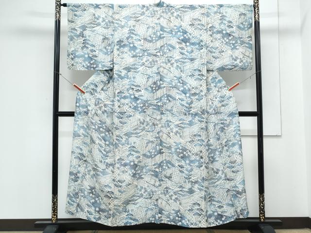 平和屋着物＊夏物　小紋　絽　藍　型染め　風景文　正絹　逸品　CABK9565th