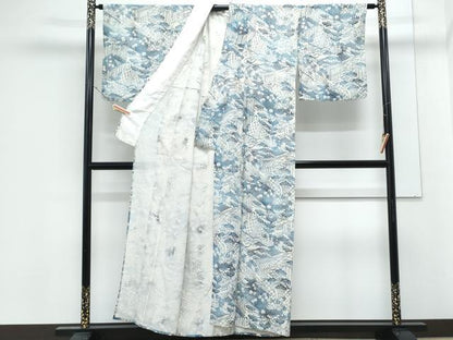 平和屋着物＊夏物　小紋　絽　藍　型染め　風景文　正絹　逸品　CABK9565th