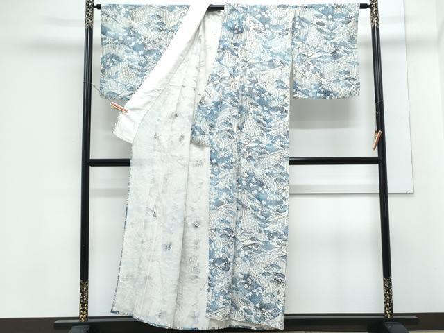 平和屋着物＊夏物　小紋　絽　藍　型染め　風景文　正絹　逸品　CABK9565th