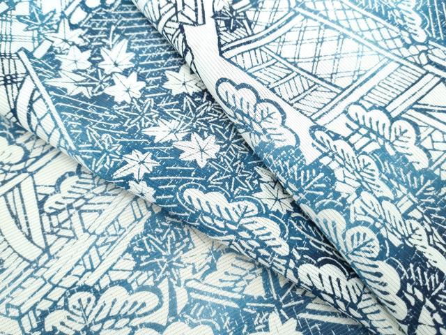 平和屋着物＊夏物　小紋　絽　藍　型染め　風景文　正絹　逸品　CABK9565th