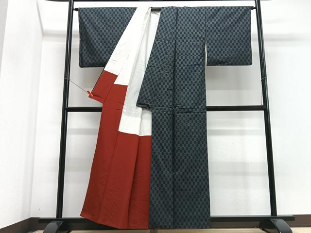 平和屋着物■本場大島紬　7マルキ　市松文様　正絹　逸品　CABK9601xe