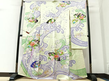 平和屋着物■豪華振袖　立波扇面草花文　金彩　正絹　逸品　CABK9668xe