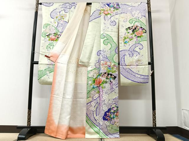平和屋着物■豪華振袖　立波扇面草花文　金彩　正絹　逸品　CABK9668xe