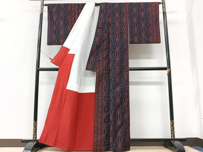 平和屋着物■上質な紬　麻の葉文様　正絹　逸品　CABK9677xe