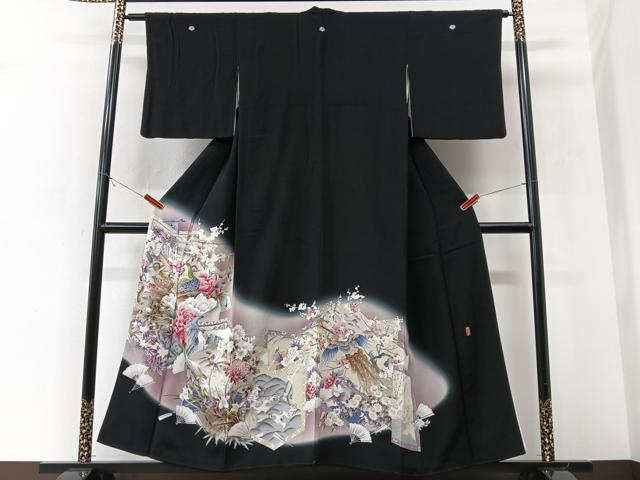 平和屋着物■豪華黒留袖　作家物　扇面立波花鳥文　暈し染め　金彩　正絹　逸品　CABK9679xe