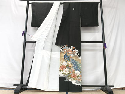 平和屋着物■豪華黒留袖　孔雀花文　金彩　正絹　逸品　CABK9688xe