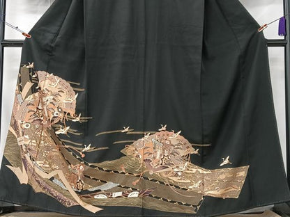 平和屋着物■豪華黒留袖　束ね熨斗飛鶴御所車花文　金彩　正絹　逸品　CABK9689xe
