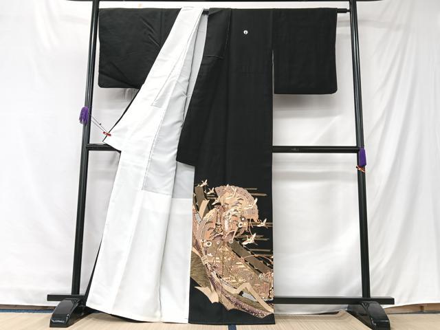 平和屋着物■豪華黒留袖　束ね熨斗飛鶴御所車花文　金彩　正絹　逸品　CABK9689xe