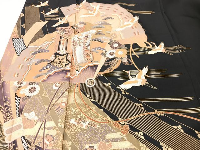 平和屋着物■豪華黒留袖　束ね熨斗飛鶴御所車花文　金彩　正絹　逸品　CABK9689xe