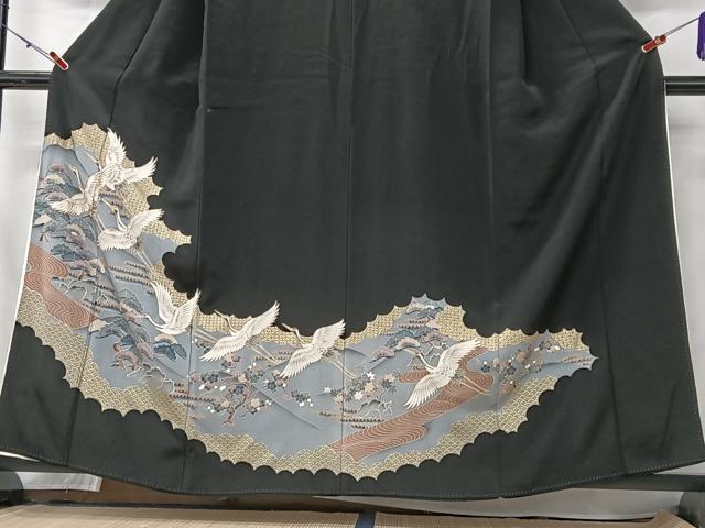 平和屋着物■豪華黒留袖　駒刺繍　飛鶴松文　金彩　正絹　逸品　CABK9690xe