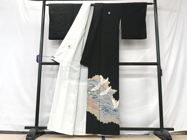 平和屋着物■豪華黒留袖　駒刺繍　飛鶴松文　金彩　正絹　逸品　CABK9690xe