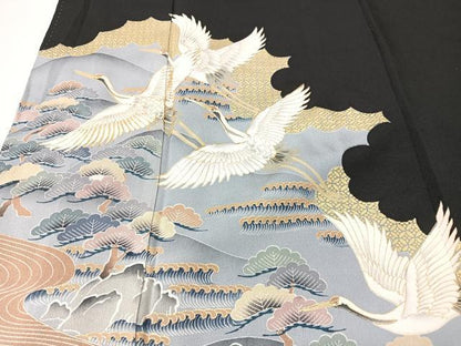 平和屋着物■豪華黒留袖　駒刺繍　飛鶴松文　金彩　正絹　逸品　CABK9690xe