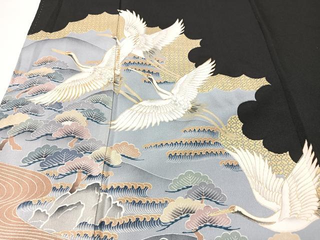 平和屋着物■豪華黒留袖　駒刺繍　飛鶴松文　金彩　正絹　逸品　CABK9690xe