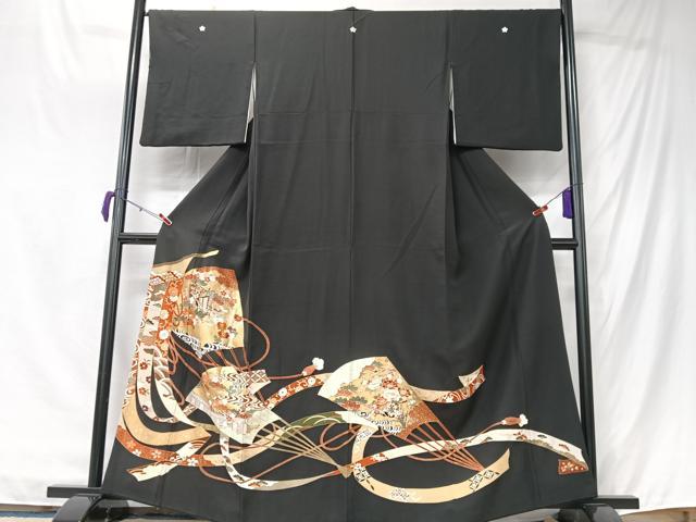 平和屋着物■豪華黒留袖　駒刺繍　扇面几帳花文　金彩　正絹　逸品　CABK9693xe